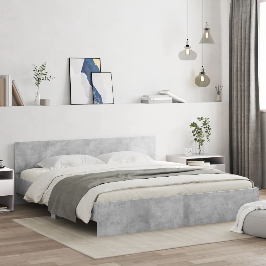 Estrutura cama cabeceira e luzes LED 180x200cm cinzento cimento