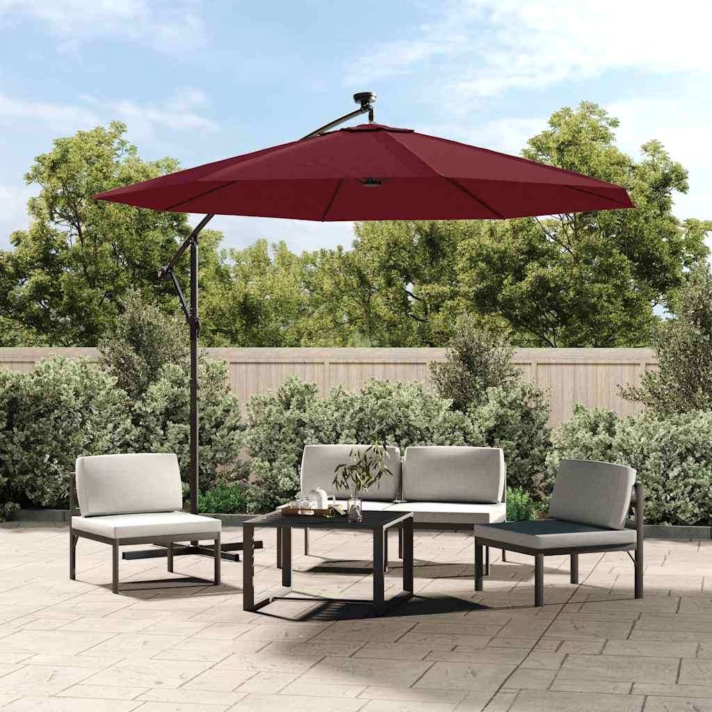 Guarda-sol de jardim cantilever c/ LED/poste aço vermelho tinto