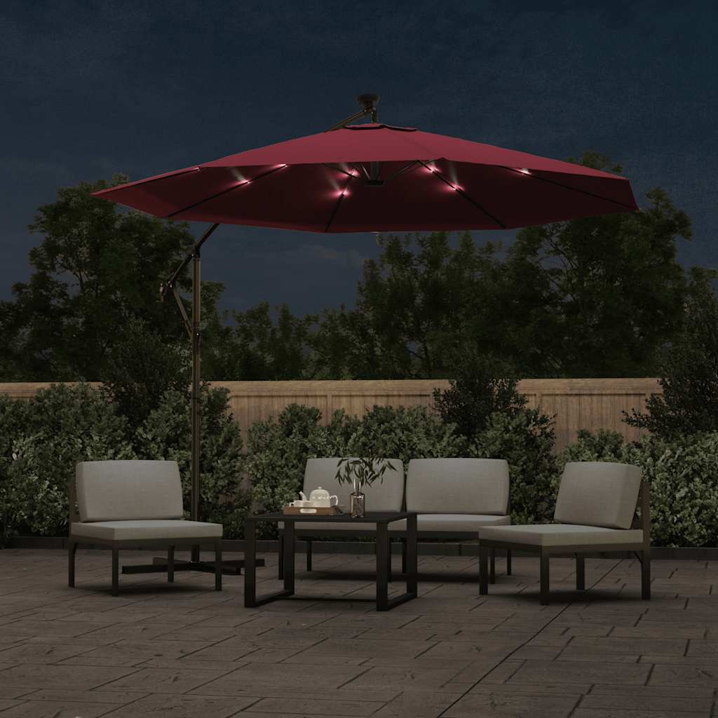 Guarda-sol de jardim cantilever c/ LED/poste aço vermelho tinto