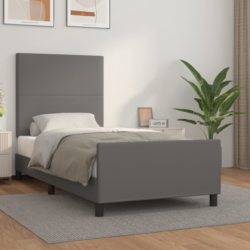 Estrutura cama c/ cabeceira couro artificial 90x190 cm cinzento