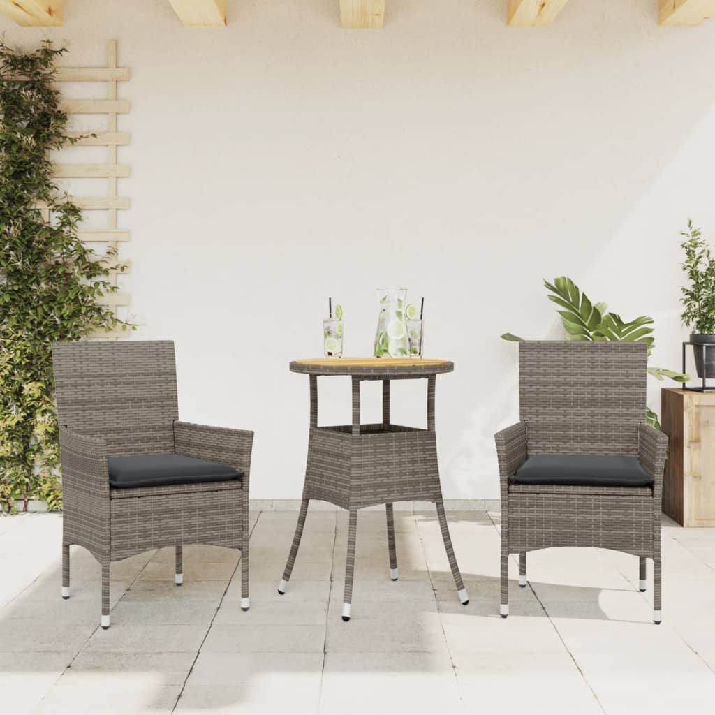 3 Pcs conjunto jantar jardim c/ almofadões vime PE/acácia cinza