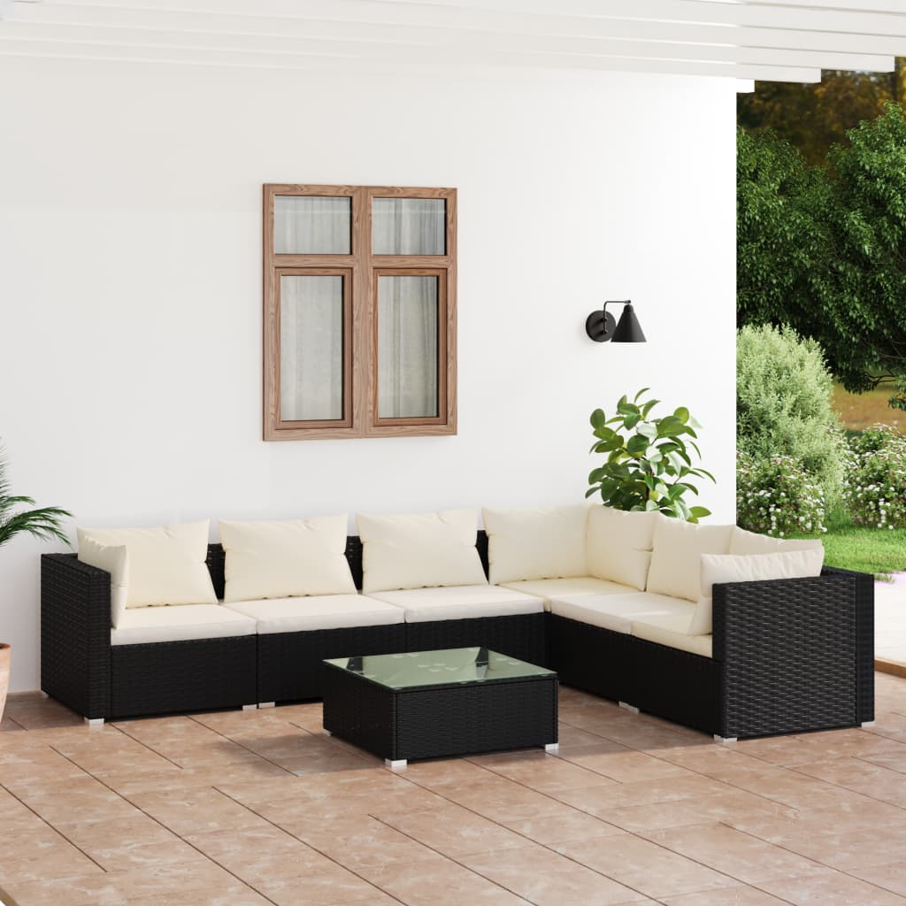7 Pcs conjunto lounge de jardim c/ almofadões vime PE preto