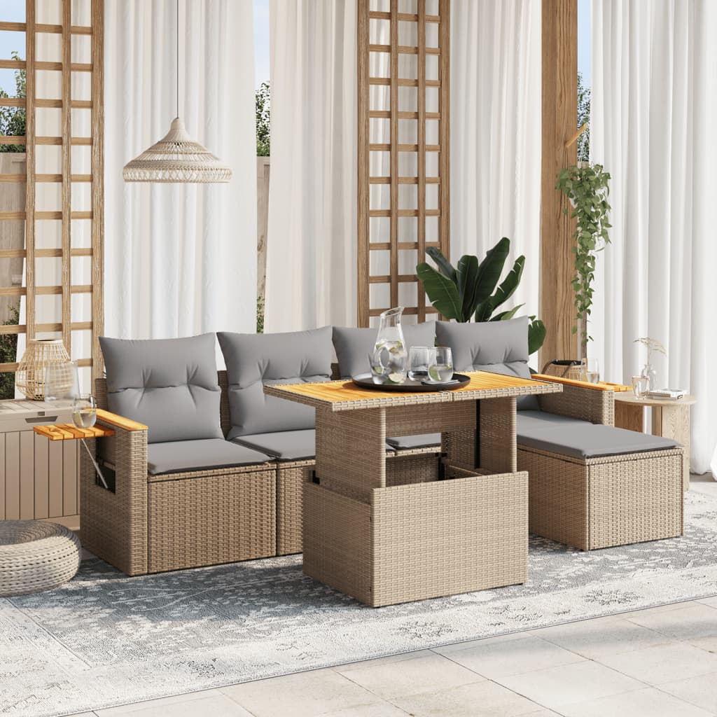 6 Pcs conjunto de sofás p/ jardim com almofadões vime PE bege