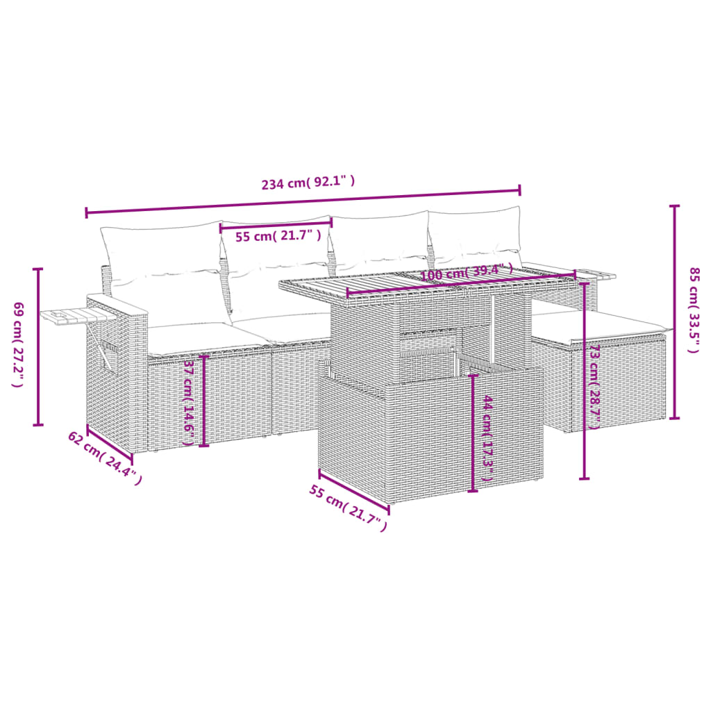 6 Pcs conjunto de sofás p/ jardim com almofadões vime PE bege