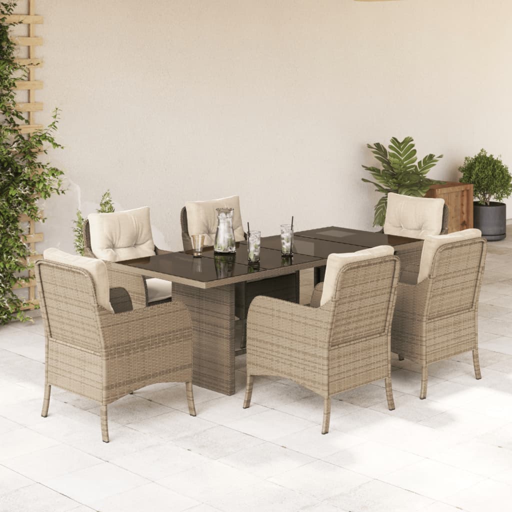7 Pcs conjunto de jantar p/ jardim com almofadões vime PE bege