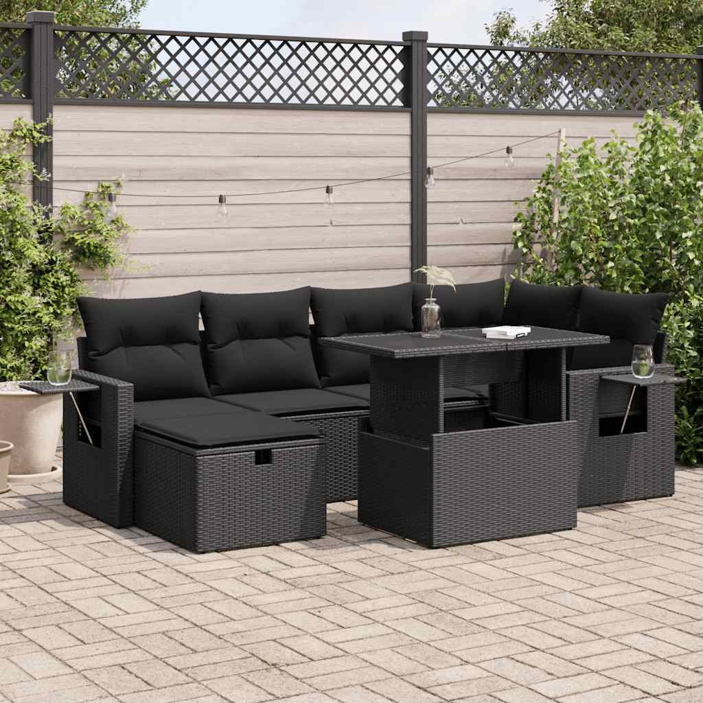 7 Pcs conjunto de sofás p/ jardim c/ almofadões vime PE preto