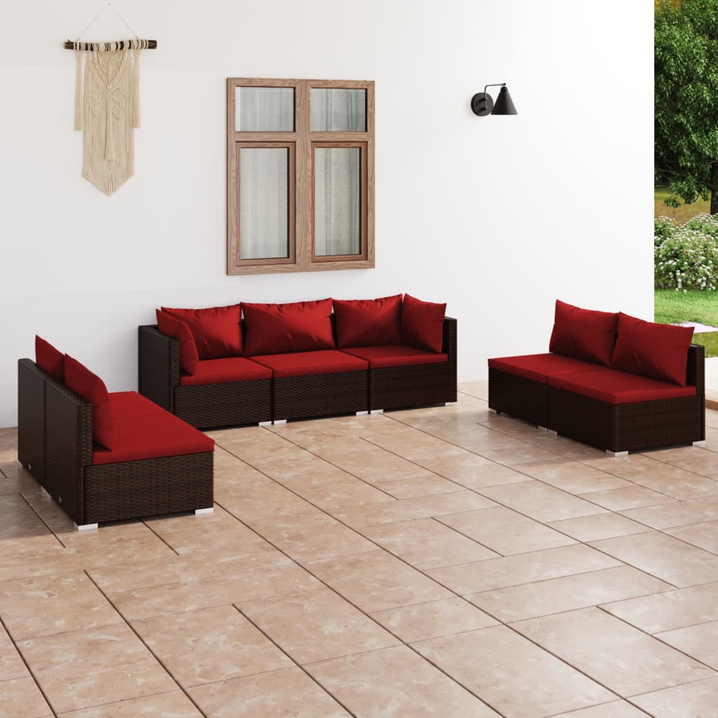 7 Pcs conjunto lounge jardim c/ almofadões vime PE castanho