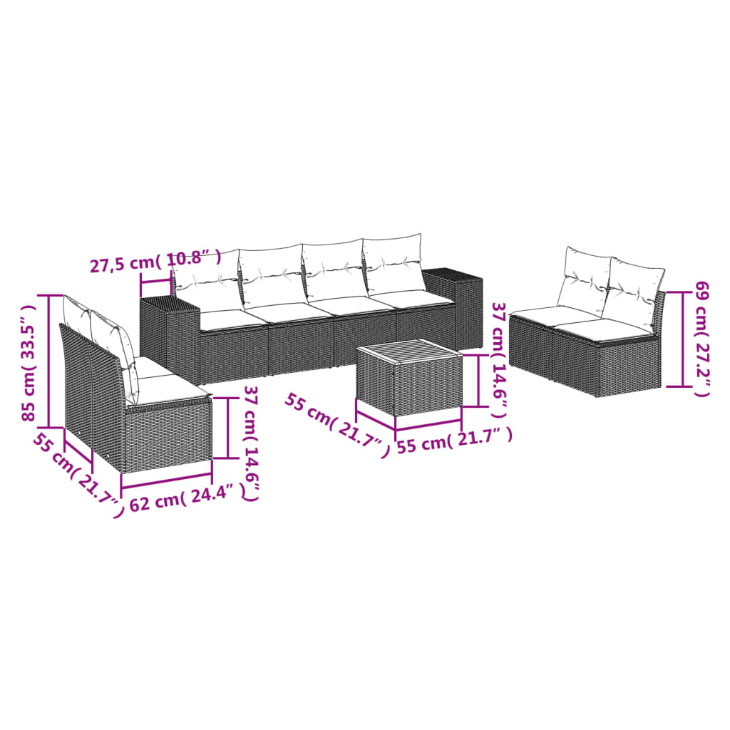 9 Pcs conjunto de sofás p/ jardim com almofadões vime PE bege