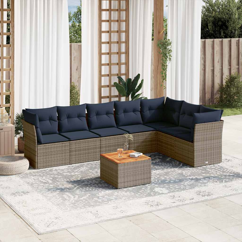 8 Pcs conjunto sofás p/ jardim c/ almofadões vime PE cinzento