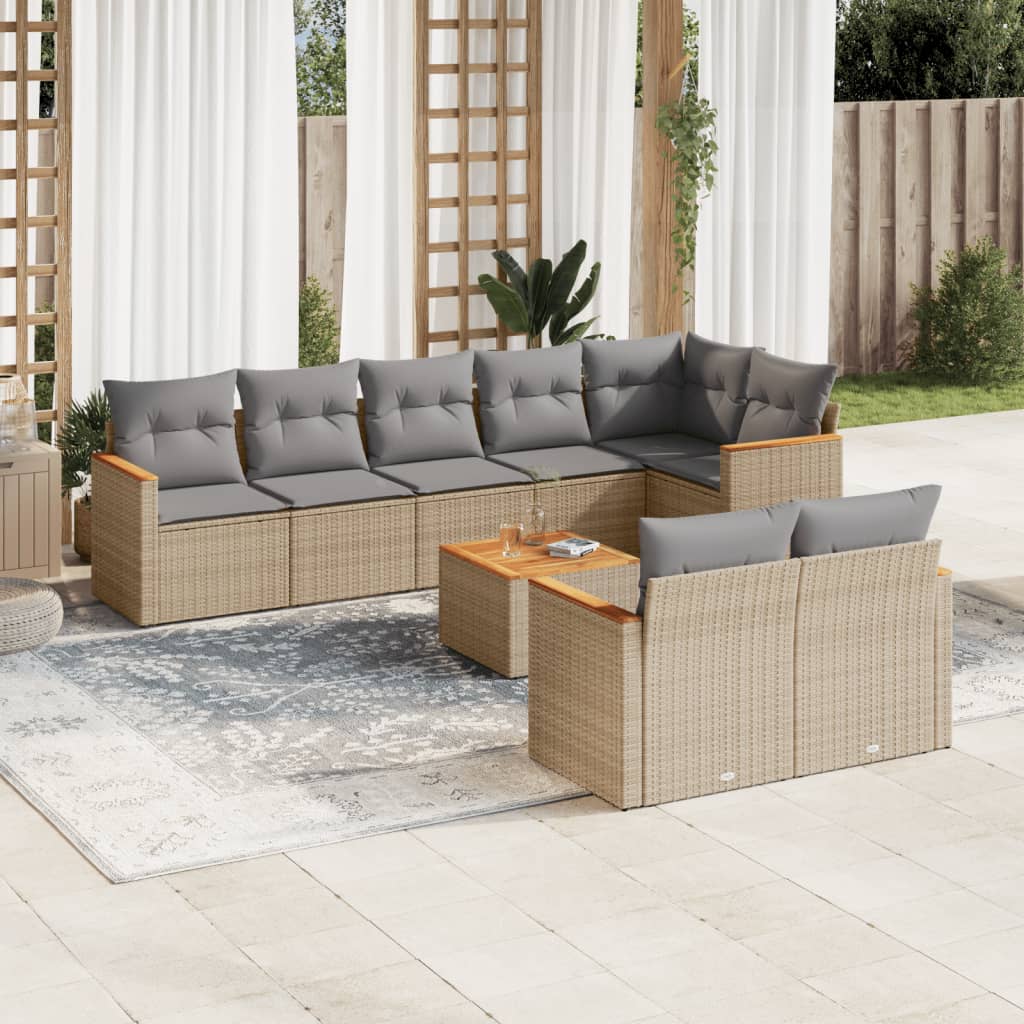 9 Pcs conjunto de sofás p/ jardim com almofadões vime PE bege