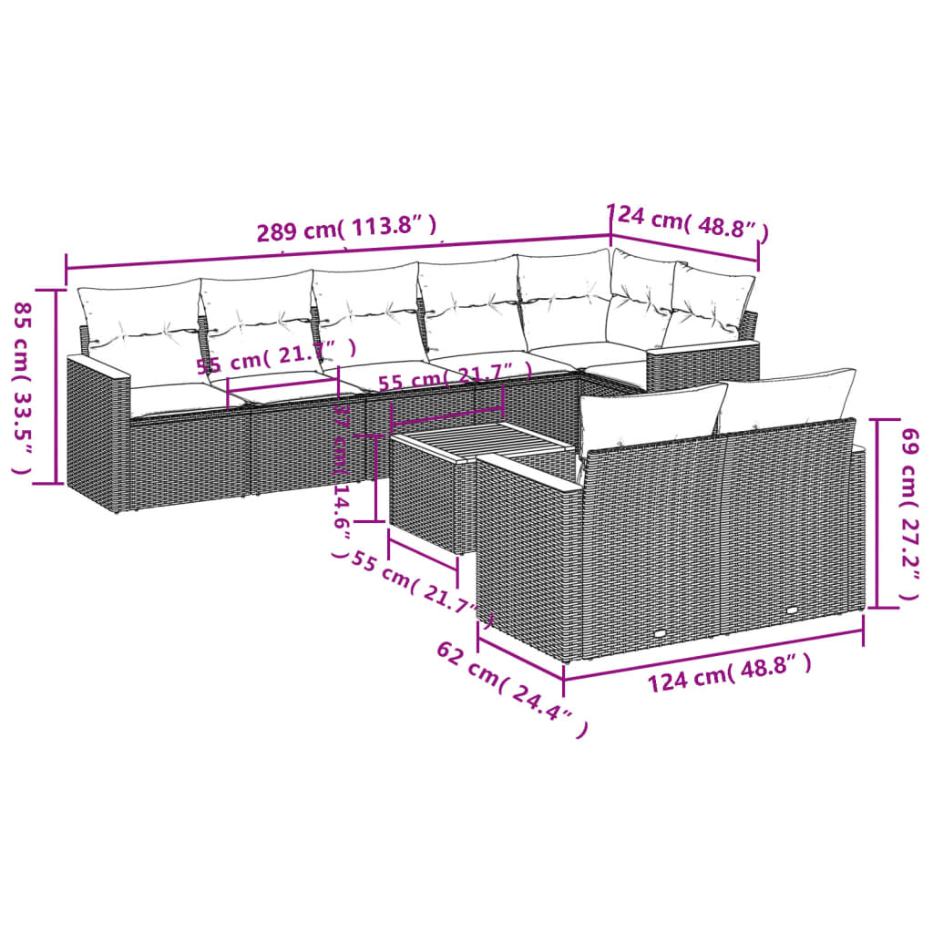 9 Pcs conjunto de sofás p/ jardim com almofadões vime PE bege
