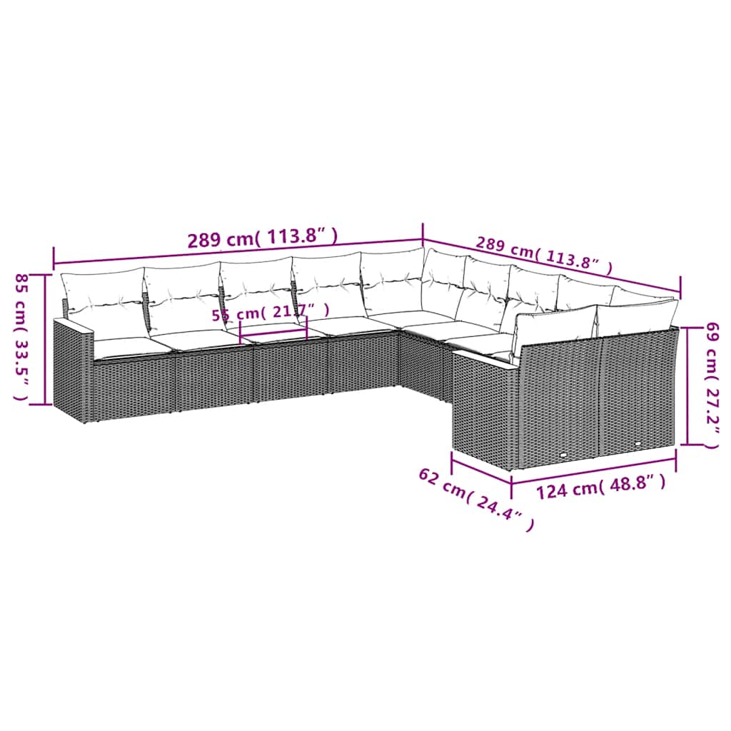 10 Pcs conjunto sofás de jardim c/ almofadões vime PE preto