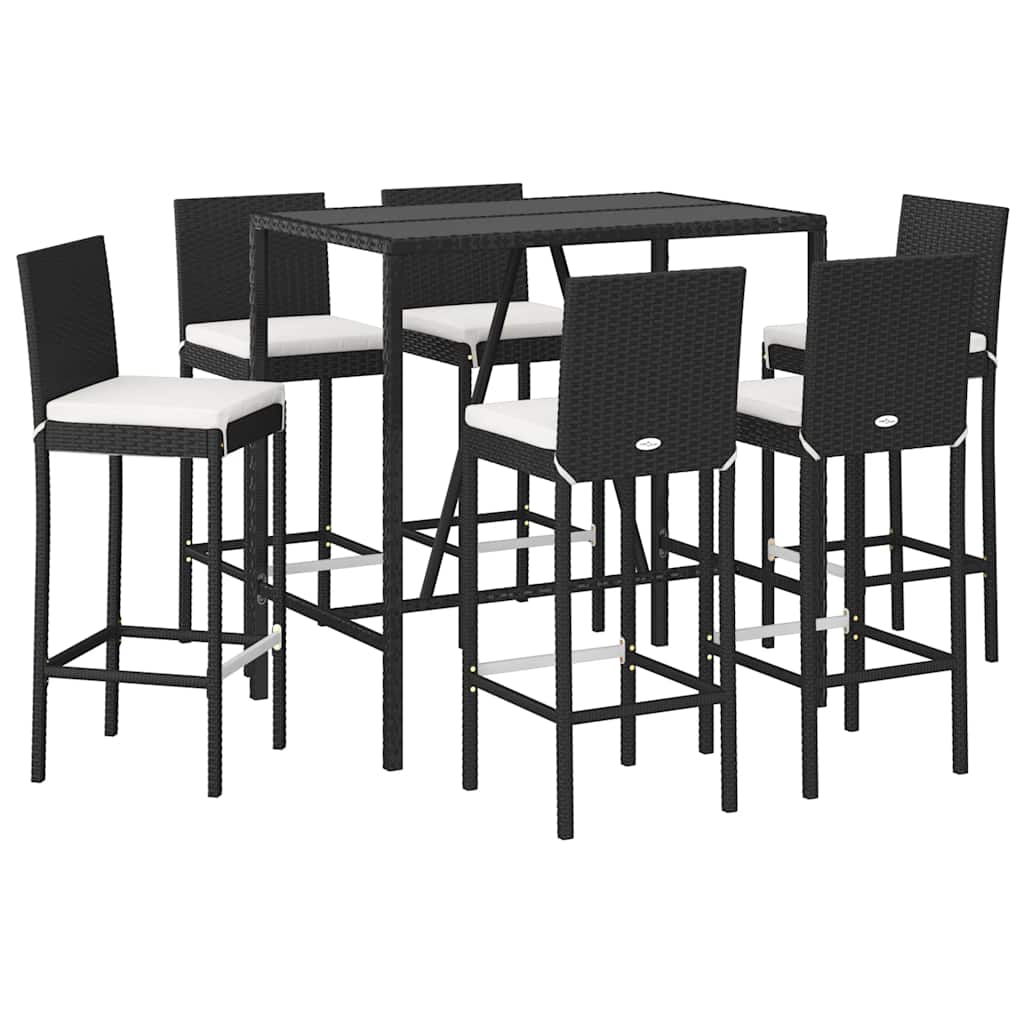 7 Pcs conjunto de bar para jardim c/ almofadões vime PE preto