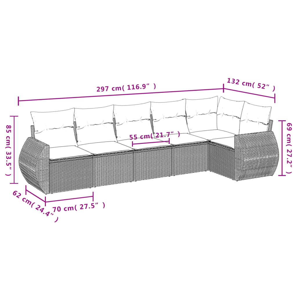 6 Pcs conj. sofás jardim com almofadões vime PE cinzento-claro