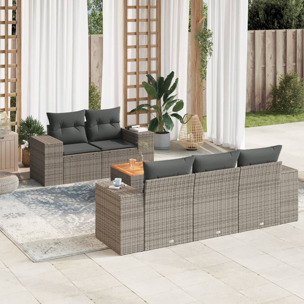 6 Pcs conjunto sofás de jardim com almofadões vime cinzento