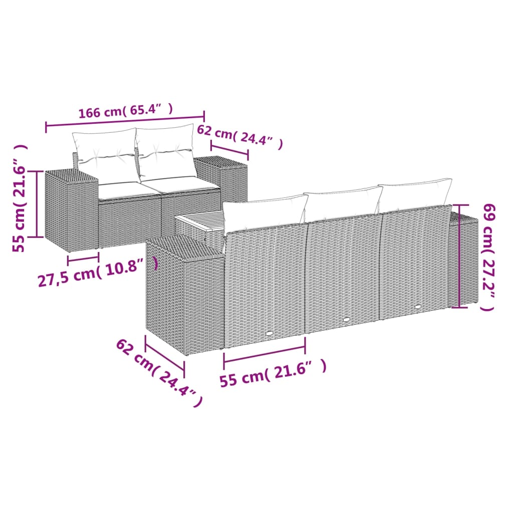 6 Pcs conjunto sofás de jardim com almofadões vime cinzento