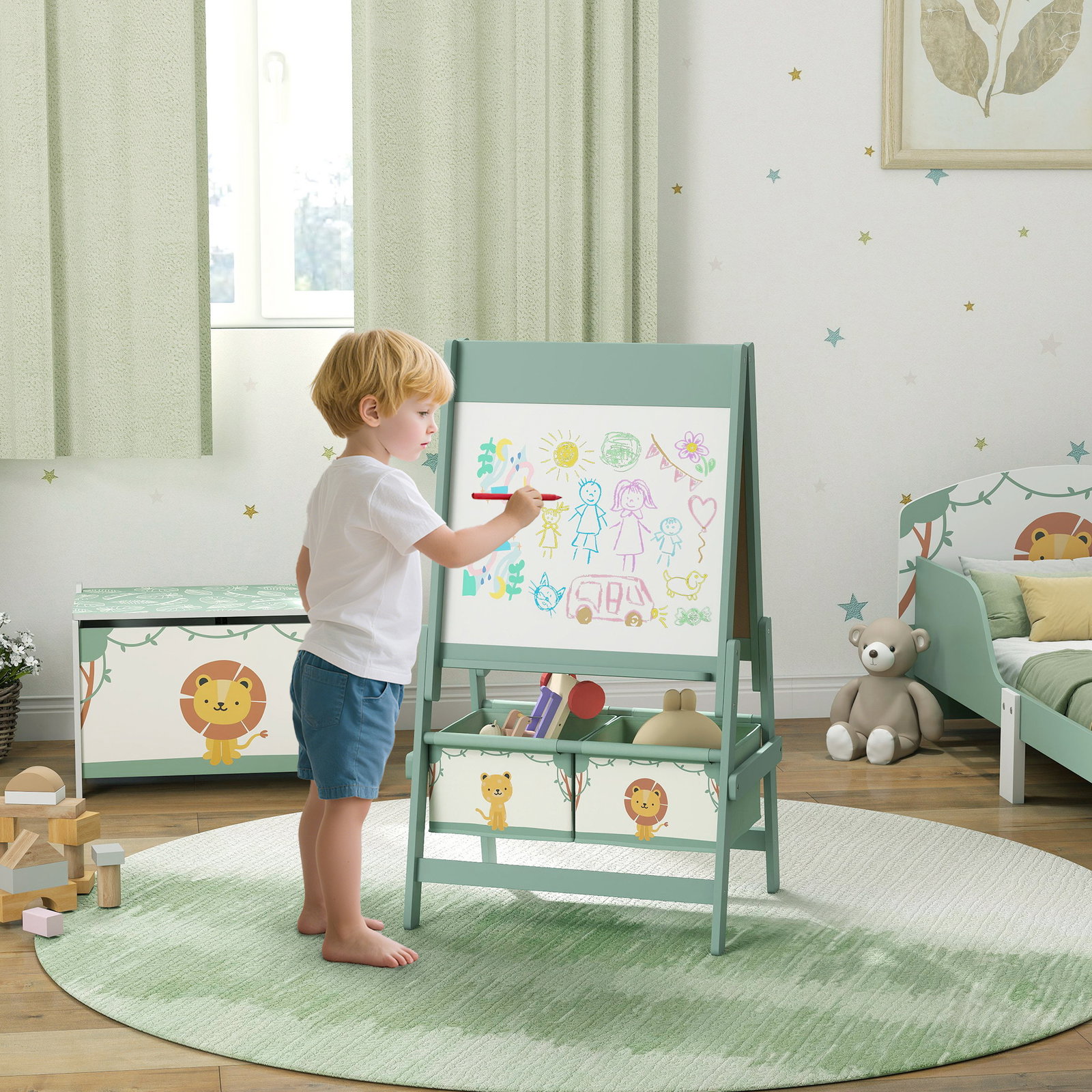 Cavalete de pintura para crianças 3 em 1 para crianças acima de 3 anos com rolo de papel e cestos de arrumação 54x46x94 cm verde