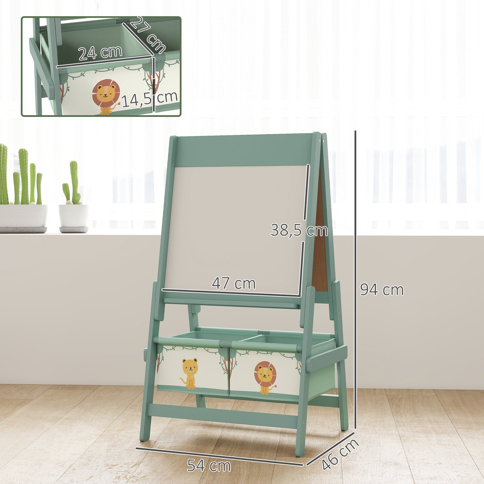 Cavalete de pintura para crianças 3 em 1 para crianças acima de 3 anos com rolo de papel e cestos de arrumação 54x46x94 cm verde