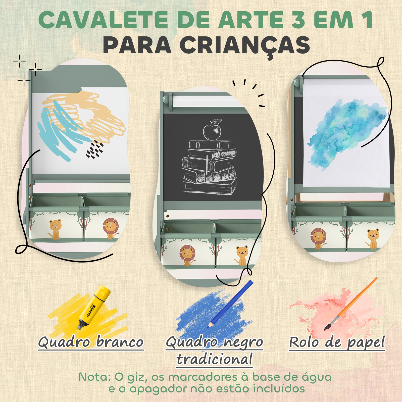 Cavalete de pintura para crianças 3 em 1 para crianças acima de 3 anos com rolo de papel e cestos de arrumação 54x46x94 cm verde