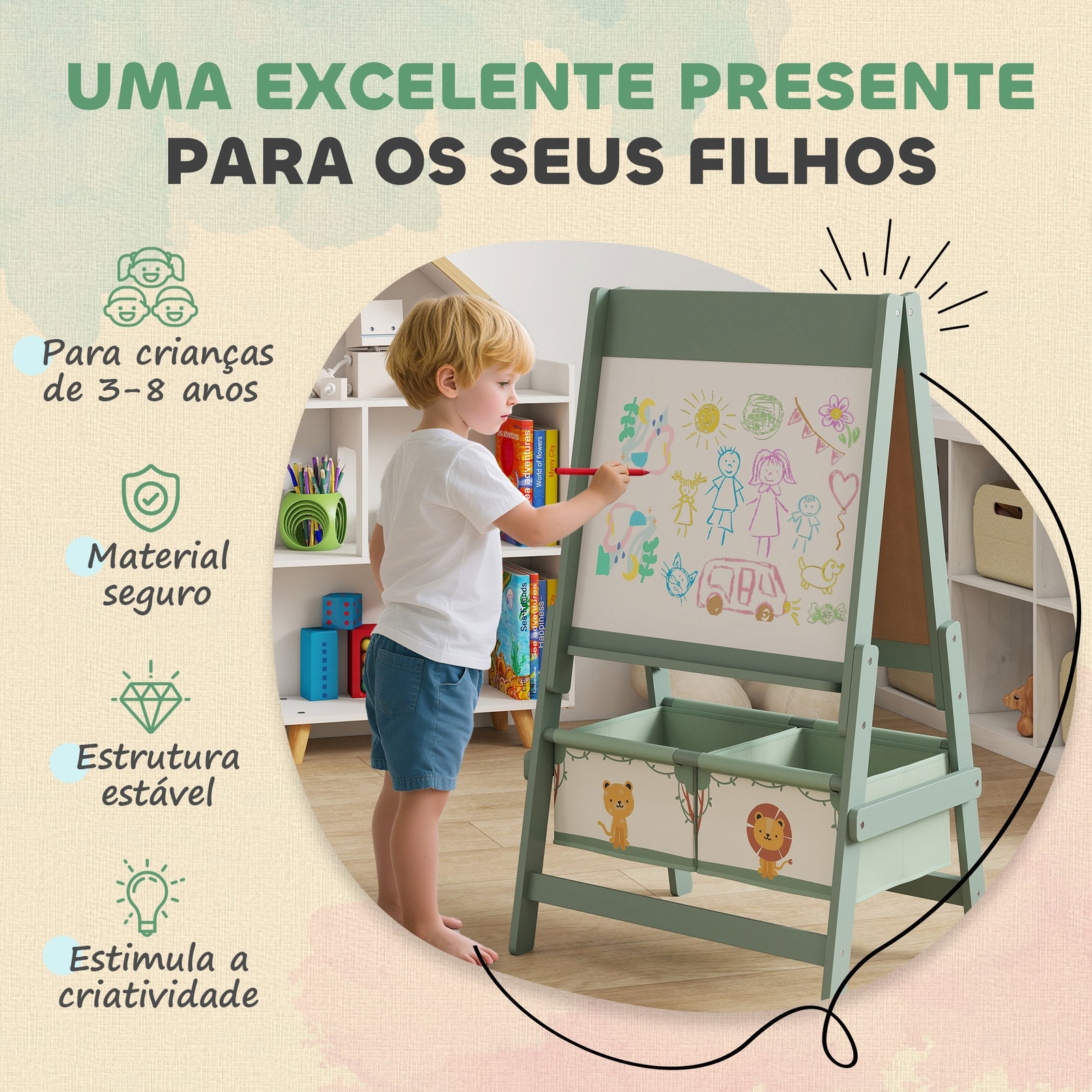 Cavalete de pintura para crianças 3 em 1 para crianças acima de 3 anos com rolo de papel e cestos de arrumação 54x46x94 cm verde