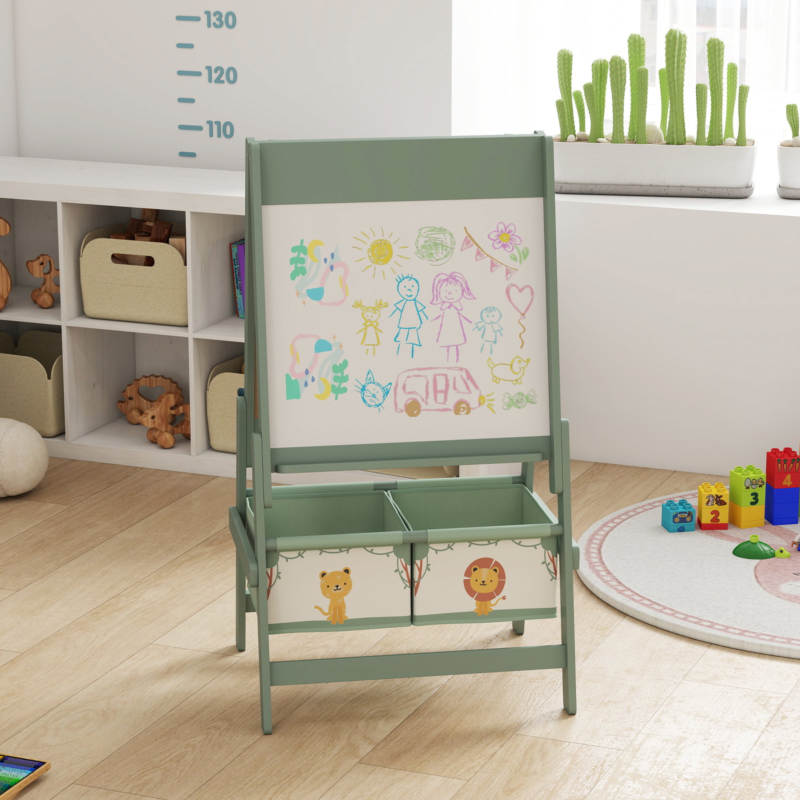 Cavalete de pintura para crianças 3 em 1 para crianças acima de 3 anos com rolo de papel e cestos de arrumação 54x46x94 cm verde