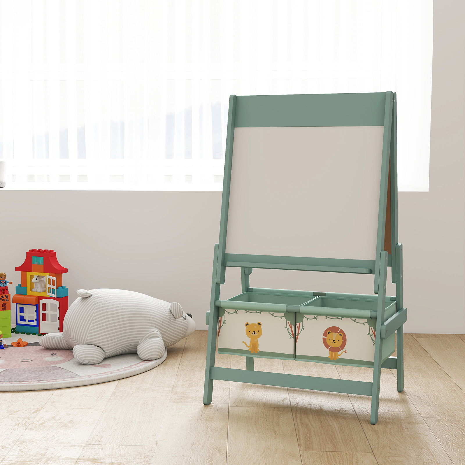 Cavalete de pintura para crianças 3 em 1 para crianças acima de 3 anos com rolo de papel e cestos de arrumação 54x46x94 cm verde