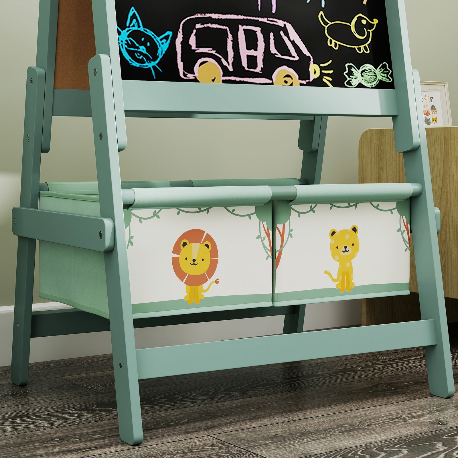 Cavalete de pintura para crianças 3 em 1 para crianças acima de 3 anos com rolo de papel e cestos de arrumação 54x46x94 cm verde