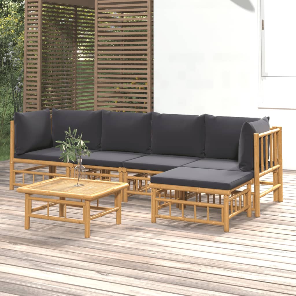6 Pcs conjunto lounge jardim bambu c/ almofadões cinza-escuro