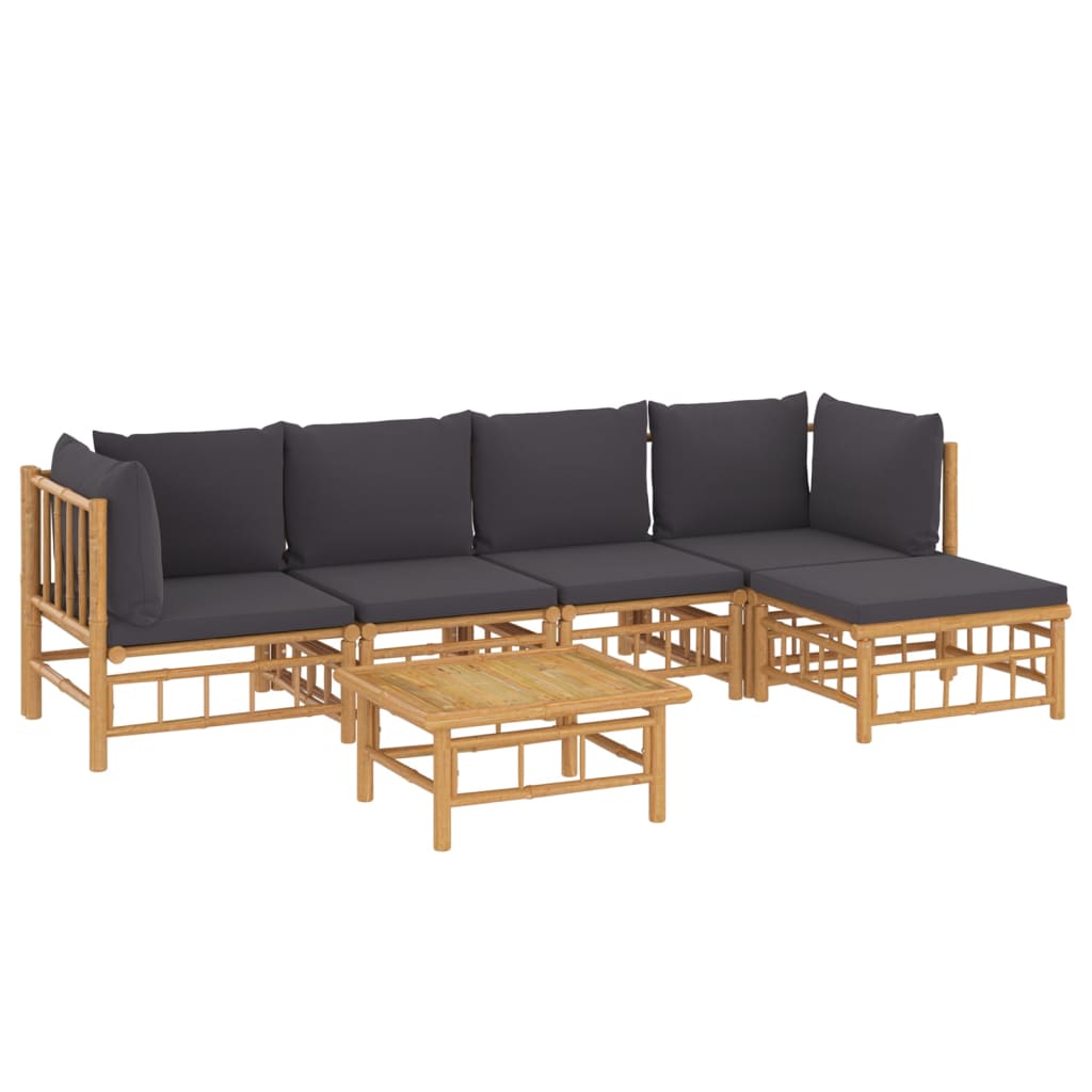 6 Pcs conjunto lounge jardim bambu c/ almofadões cinza-escuro