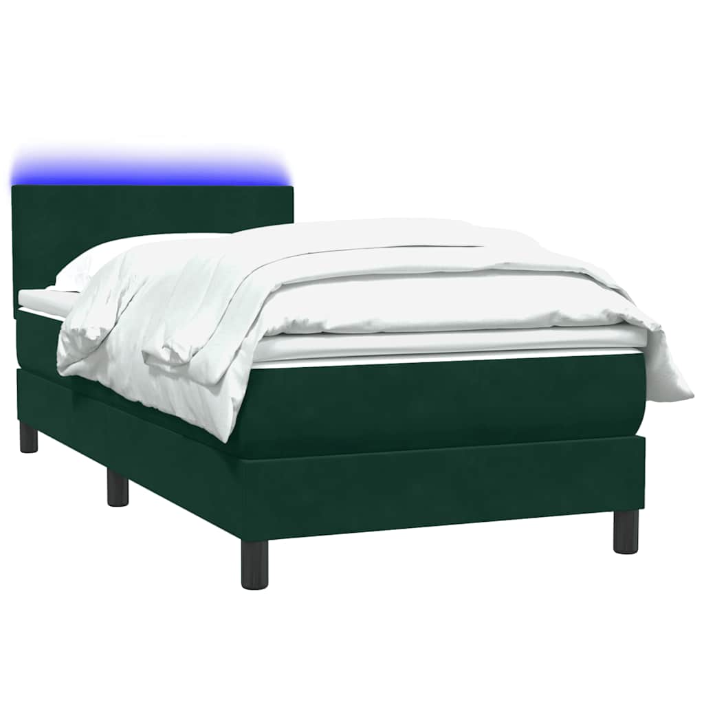 Cama box spring c/ colchão e LED verde-escuro 80x220 cm veludo