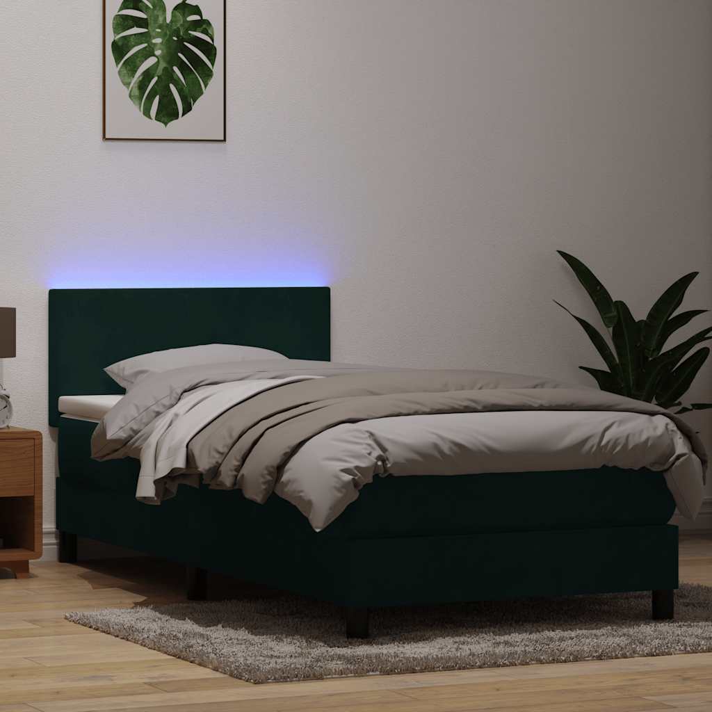 Cama box spring c/ colchão e LED verde-escuro 80x220 cm veludo