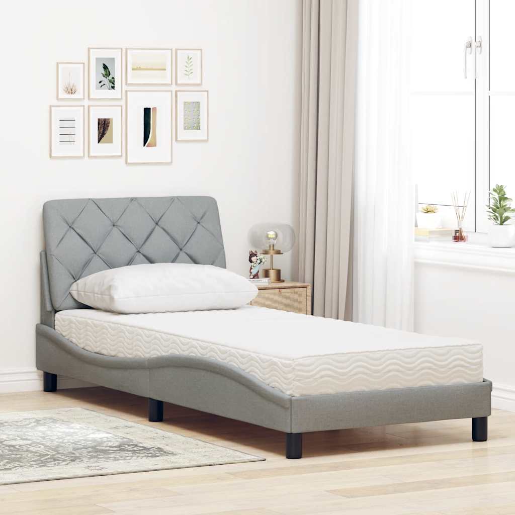 Cama com colchão 90x200 cm tecido cinzento-claro