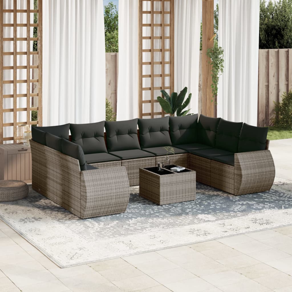 10 Pcs conjunto sofás de jardim c/ almofadões vime PE cinzento