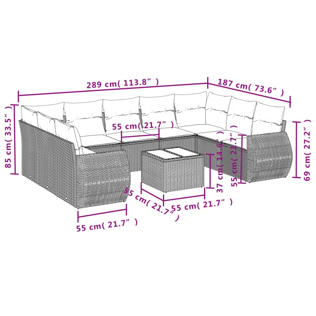 10 Pcs conjunto sofás de jardim c/ almofadões vime PE cinzento