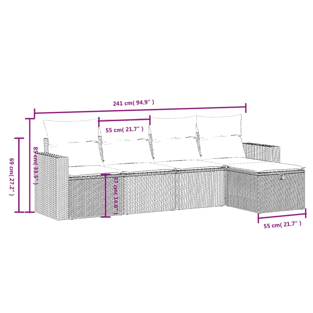 5 Pcs conjunto de sofás p/ jardim com almofadões vime PE bege