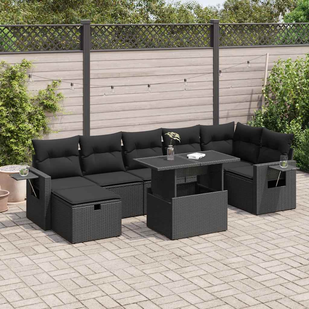 8 Pcs conjunto sofás de jardim com almofadões vime PE preto
