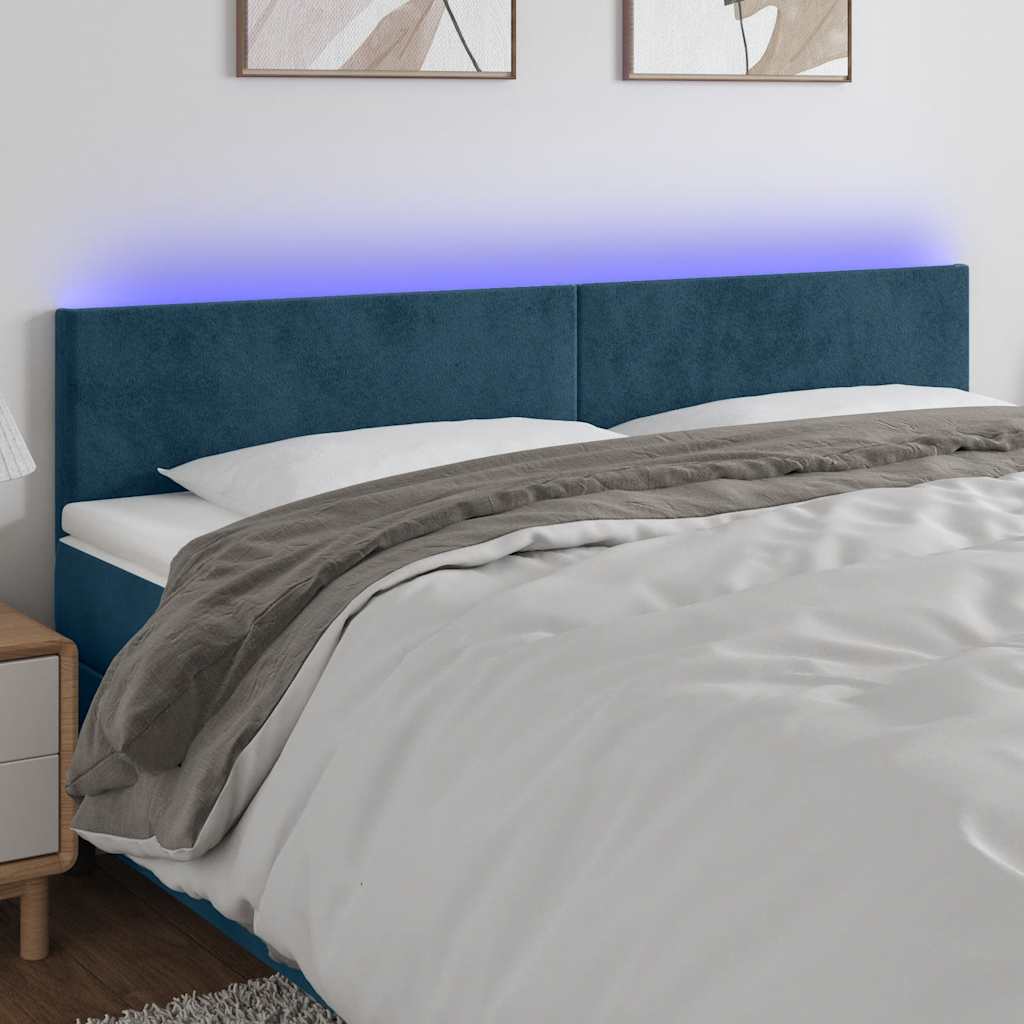 Cabeceira de cama c/ luzes LED veludo 200x5x78/88cm azul-escuro
