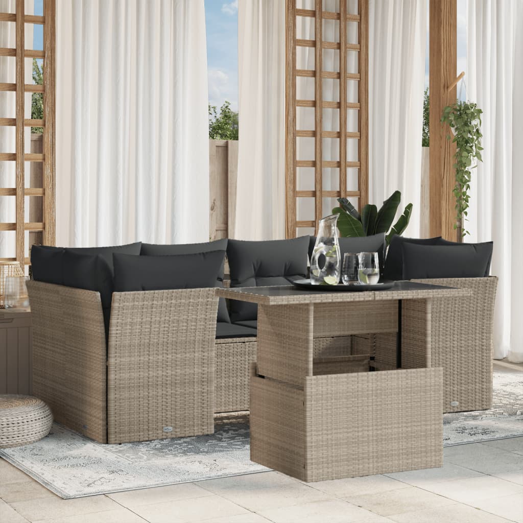 7 Pcs conj. sofás jardim com almofadões vime PE cinzento-claro