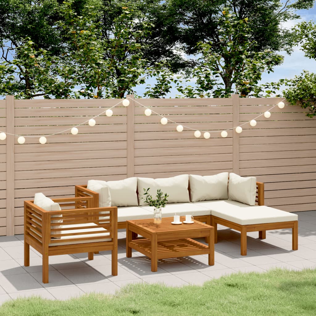 6 Pcs conjunto lounge jardim c/ almofadões creme acácia maciça