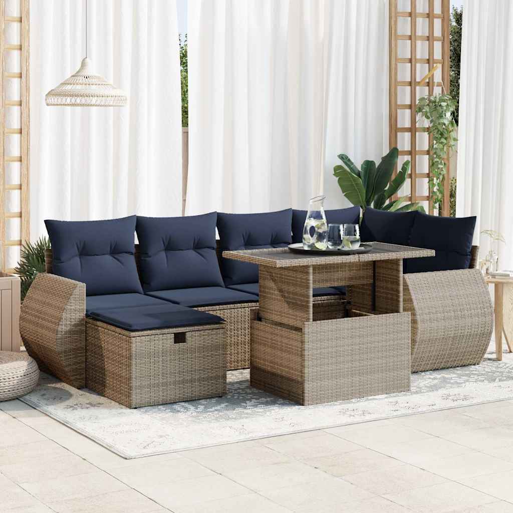 7 Pcs conj. sofás jardim c/ almofadões vime PE/acácia cinzento