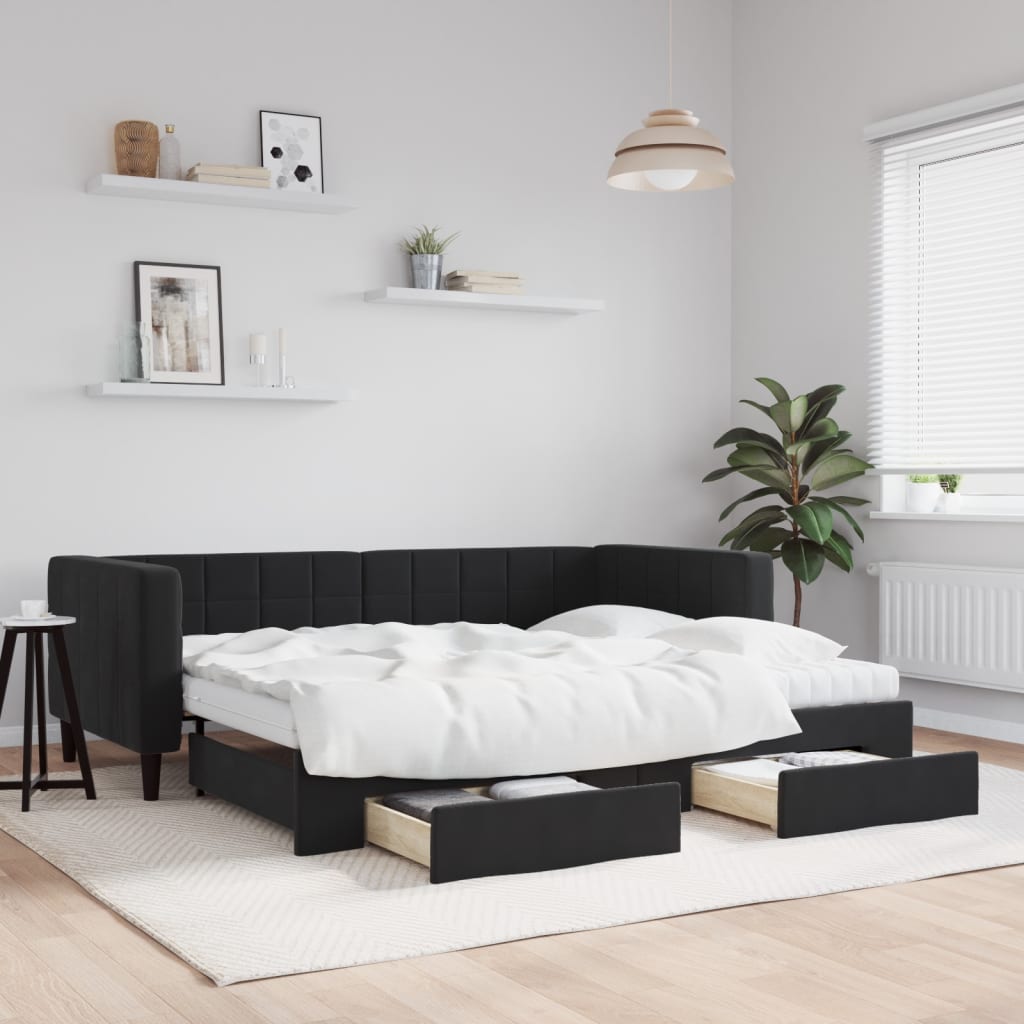 Sofá-cama com gavetão e gavetas 90x200 cm veludo preto