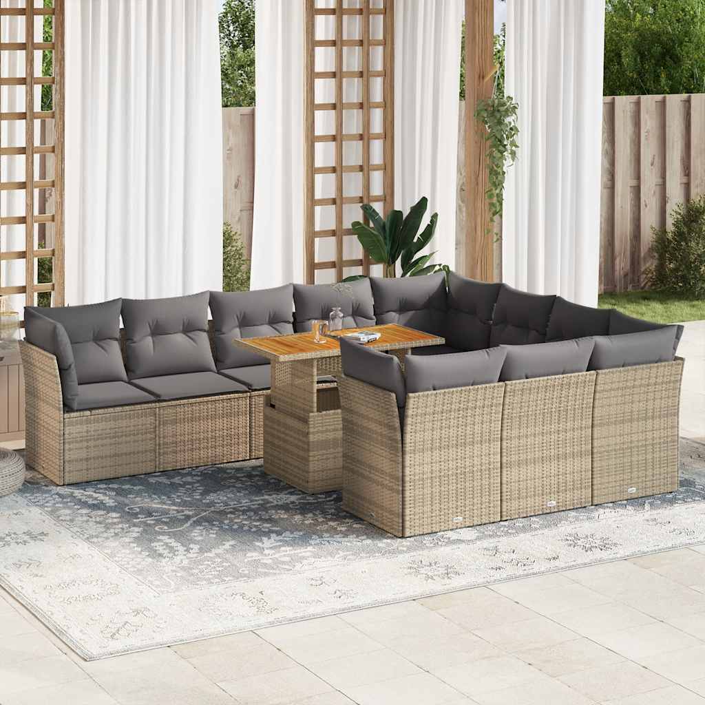 11 Pcs conjunto sofás de jardim c/ almofadões vime PE bege
