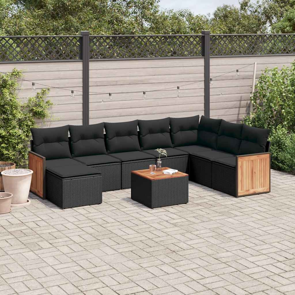 9 Pcs conjunto de sofás p/ jardim c/ almofadões vime PE preto
