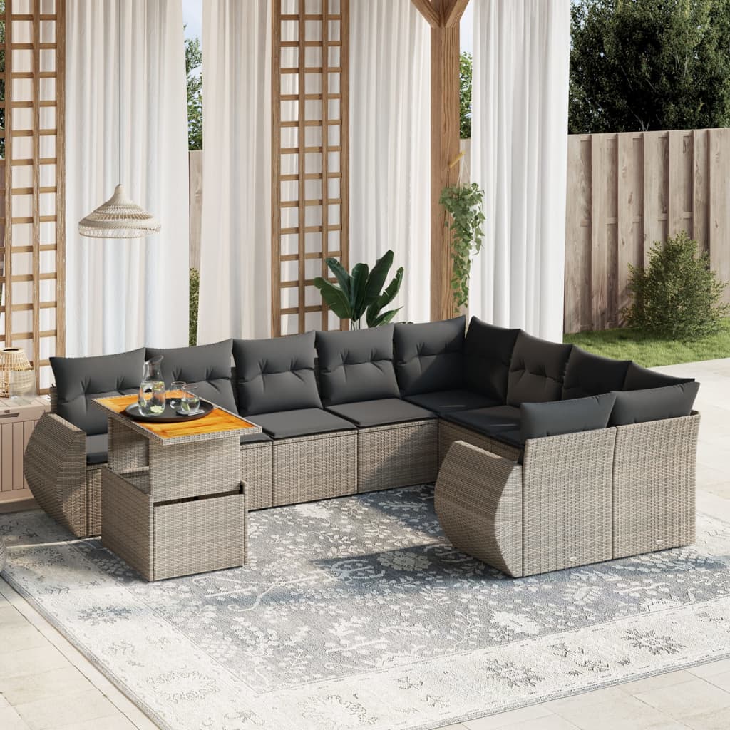 10 Pcs conjunto sofás de jardim c/ almofadões vime PE cinzento