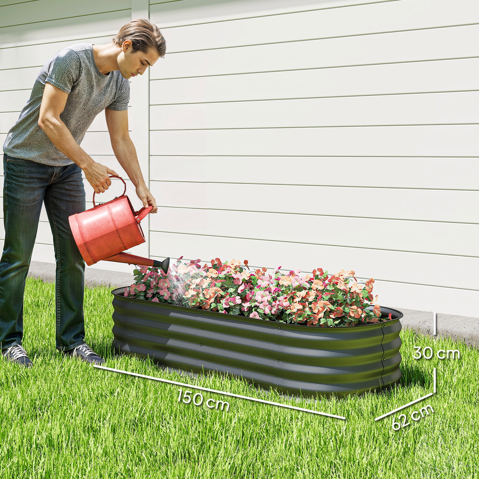 Caixa de plantio de exterior grande em aço galvanizado para cultivo de plantas 150x62x30 cm cinzento