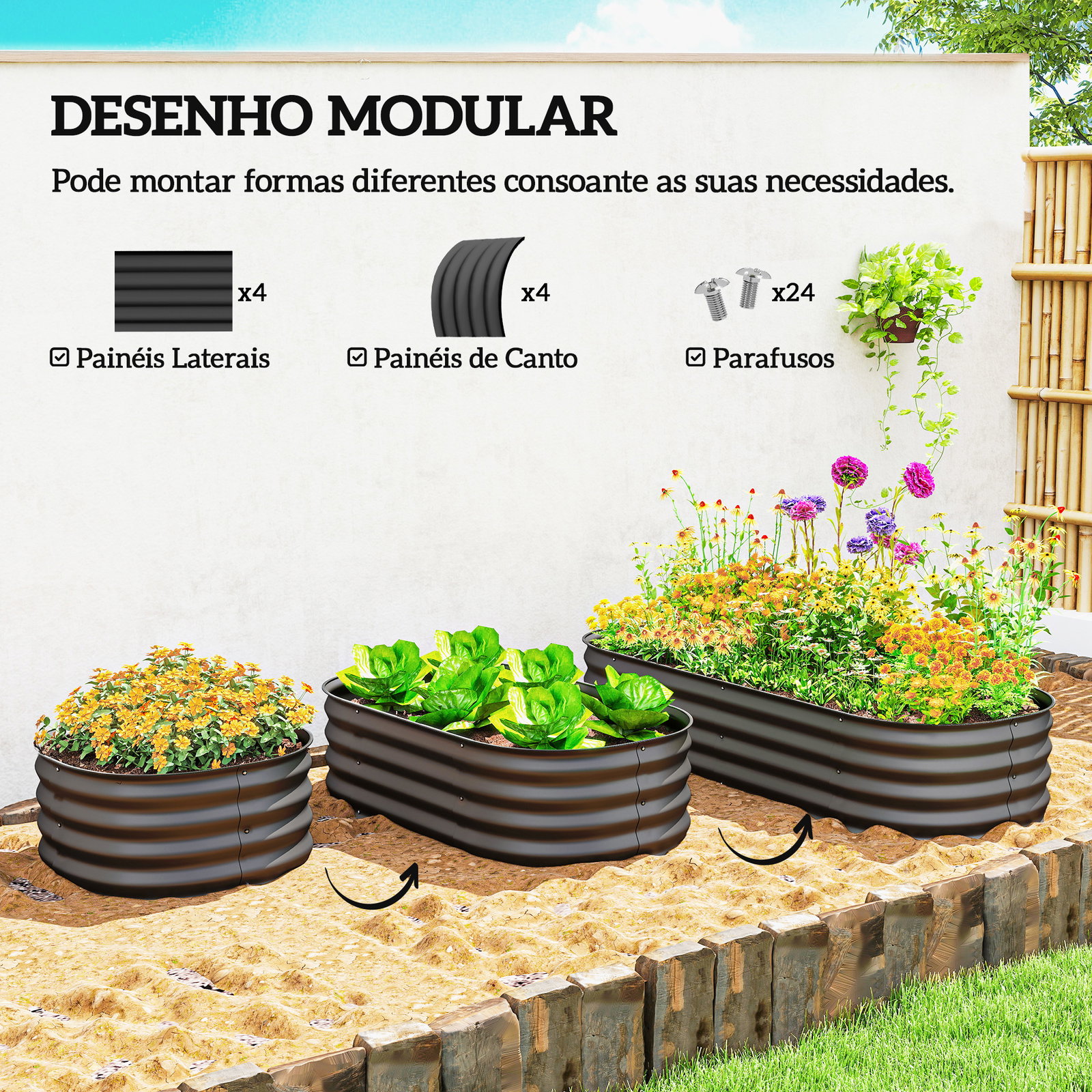 Caixa de plantio de exterior grande em aço galvanizado para cultivo de plantas 150x62x30 cm cinzento