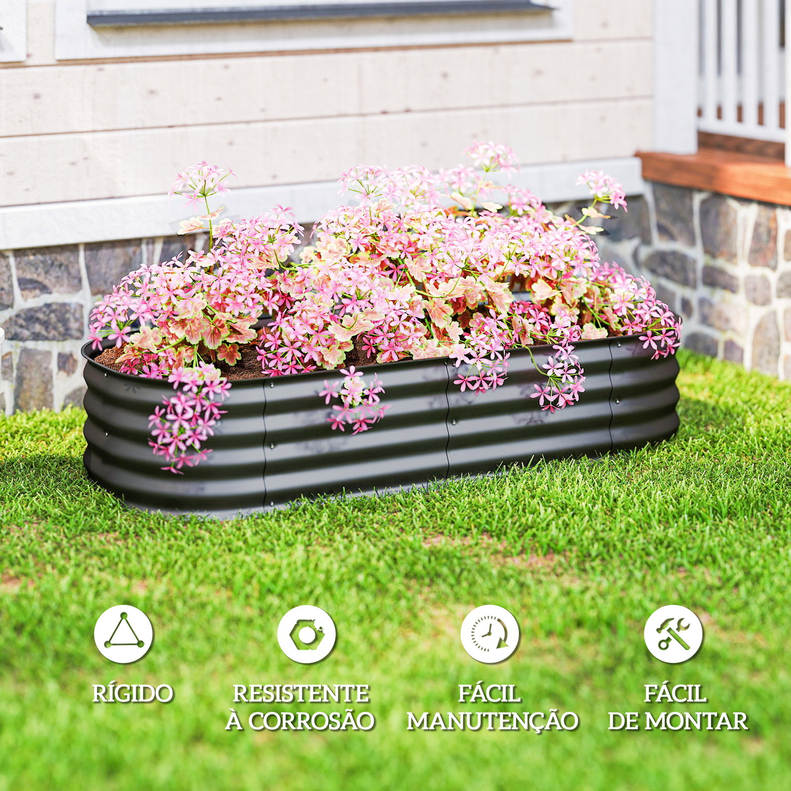 Caixa de plantio de exterior grande em aço galvanizado para cultivo de plantas 150x62x30 cm cinzento