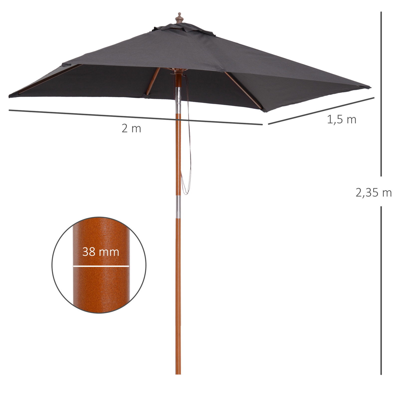 Chapéu de sol de jardim 200x150x230 cm chapéu de sol retangular inclinável com polia duplo teto cinzento escuro