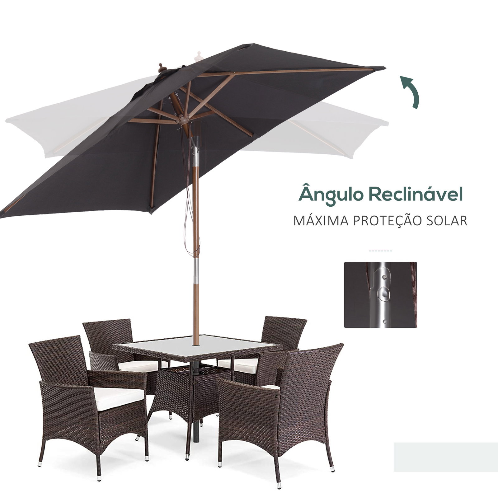 Chapéu de sol de jardim 200x150x230 cm chapéu de sol retangular inclinável com polia duplo teto cinzento escuro