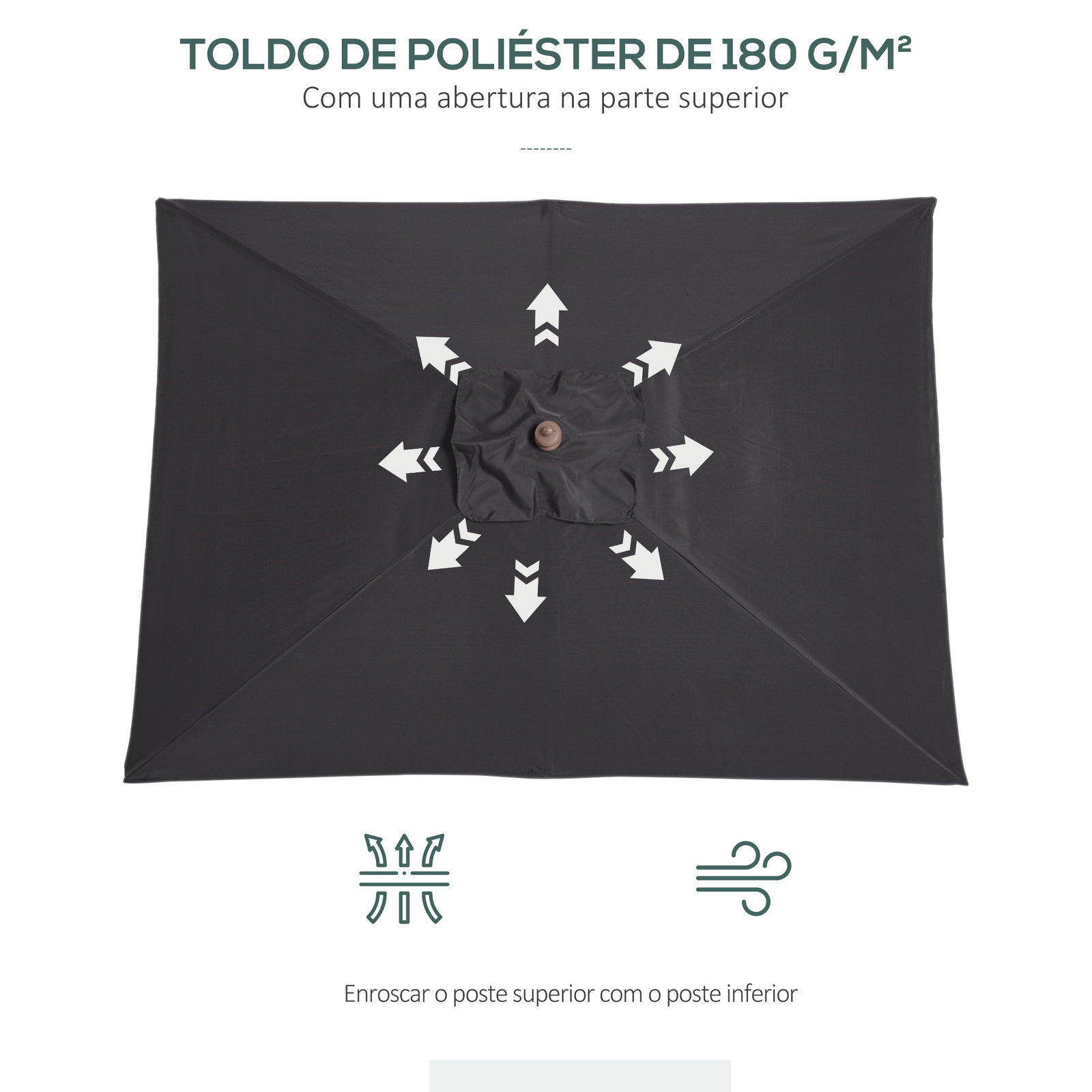 Chapéu de sol de jardim 200x150x230 cm chapéu de sol retangular inclinável com polia duplo teto cinzento escuro